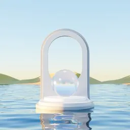 Minimalist geometric 3D podium with crystal sphere on water, hills in background, for Blender artistic display.