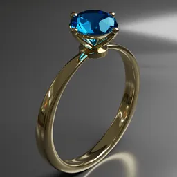 Detailed 3D rendering of a golden ring featuring a brilliant blue gemstone, suitable for Blender 3D artists.