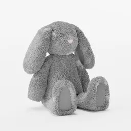 "Child toy Bunny Plushie 3D model for Blender 3D software. Grey metal body with mottled coloring, holding a gift and sitting on a white surface. Dreamy soft and perfect for adding a playful touch to 3D projects."