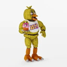Detailed 3D model of a cartoonish yellow hen holding a cupcake, optimized for Blender 3D rendering.