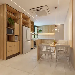 3D-rendered tropical-themed kitchen with modern appliances and wood finishes, created using Blender.