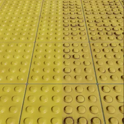 Yellow 3D tactile paving tiles with adjustable procedural aging, scalable spacing and rows, made for Blender.