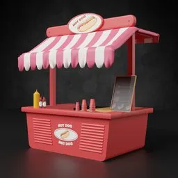 "Low Poly Hot Dog Shop 3D Model for Blender 3D - Photorealistic texture, monochrome digital asset with pink and white striped food stand, red and yellow color scheme, and dachshund canopies."
