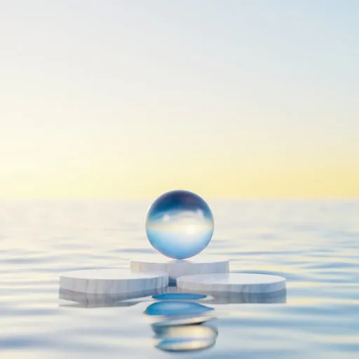 3D-rendered tranquil ocean scene with a reflective marble podium and glass sphere at sunset.