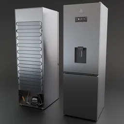 Realistic Blender 3D model render of a modern refrigerator with bottom freezer, ideal for interior design visualization.