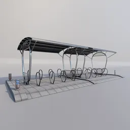 Detailed 3D model of a modern bike shelter with racks for 16 bicycles, compatible with Blender rendering.