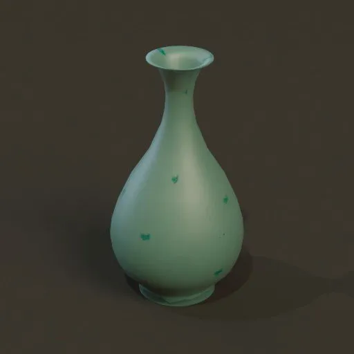 3D rendered celadon vase with spots, created using Blender, showcasing digital pottery design techniques.