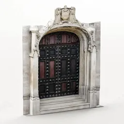 Detailed 3D model of a medieval studded oak door within a stone arch, suitable for PBR rendering and Blender.