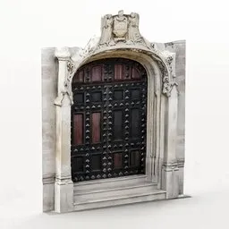 "Game-ready PBR 3D model of an ornate oak door with detailed stonework and gothic oil painting. Perfect asset for Blender 3D projects and museum replicas."