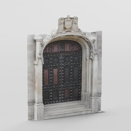 Detailed 3D model of a medieval studded oak door within a stone arch, suitable for PBR rendering and Blender.