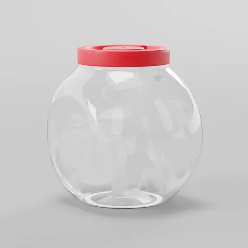 3D modeled clear glass jar with red lid, detailed texturing, suitable for Blender rendering and vintage scene composition.
