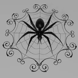 Futuristic 3D cybernetic spider model with reflective carbon design and ornate web detailing, perfect for Blender 3D projects.
