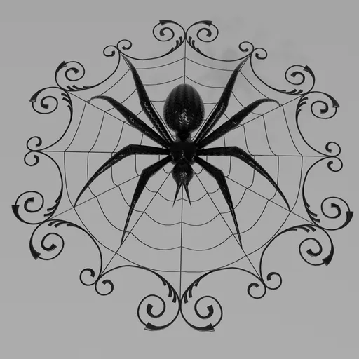 Futuristic 3D cybernetic spider model with reflective carbon design and ornate web detailing, perfect for Blender 3D projects.