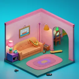 Isometric 3D Blender model of the Simpsons' living room for animation and customization.