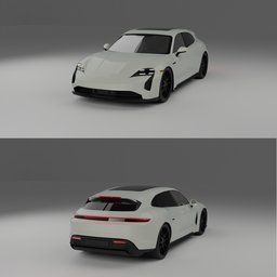 "High-detail 3D model of the luxurious Porsche Taycan GTS Sport Turismo, rendered in Blender 3D. This concept car, inspired by Stanley Twardowicz and Alfred Jensen, features a sleek white exterior with black lightning accents and a centered full body rear-shot. Perfect for Blender enthusiasts looking for a realistic 3D model for their projects."