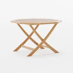 3D wooden octagonal table with crossed legs, available for Blender modeling and rendering.