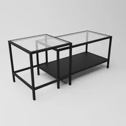 Realistic 3D model render of a glass and metal nested table design for Blender artists.