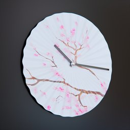 "Porcelain Sakura Clock: a realistic 3D design with an origami-inspired wall clock featuring a sakura-themed paper plate and flowing sakura-colored silk. Digitally created with Blender 3D software."
