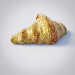 "High-quality 3D model of a freshly baked croissant, perfect for food or dessert scenes in Blender 3D. Great for kitchen or table decorations. Photorealistic render with depth blur and denoising for a professional finish."
