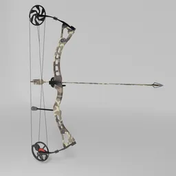 Highly detailed camouflage compound bow 3D model with arrow, perfect for Blender animation and rendering projects.
