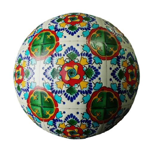 Hand-painted rustic ceramic tile texture for PBR, Blender 3D ready, featuring intricate floral patterns.
