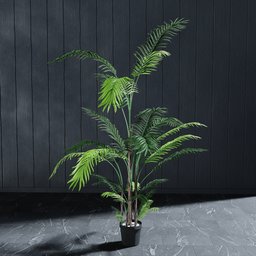 "Artificial palm tree with lianas in pot for Blender 3D modeling. Perfect for creating naturalistic indoor scenes with 4K Unreal Engine renders. Standing at 170cm, this product image features vertical orientation, palm trees and columns with slightly hard shadows."