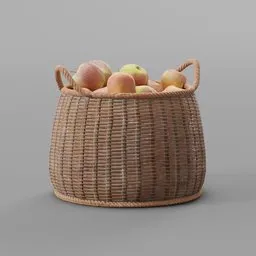 "3D model of a realistic wicker basket filled with apples, ideal for enhancing medieval-themed Blender 3D scenes. Created by Alexander Bogen, this detailed model showcases a beautifully crafted basket of apples on a table. Perfect for adding authenticity and charm to your virtual environments."