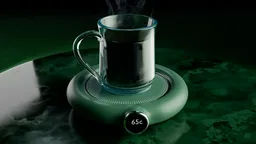 3D Blender-animated template of a steaming coffee mug on a warmer with smoke effect for product ads.