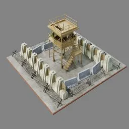 "Highly detailed and customizable 3D model of a rusty Military Pos in Blender 3D. Includes concrete blocks, emplacements, spiers, and razor wires for creating realistic historic military scenes. Compatible with all 3D software and game engines. UV unwrapped with separate rust maps for easy texture customization."