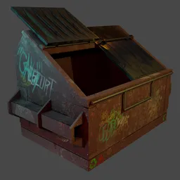 "Highly-detailed Blender 3D model of an old, large garbage container with graffiti perfect for street design. Includes trash bags, trap, and barrels. Ultra-realistic rendering and gritty texture make this a standout industrial model for any project."