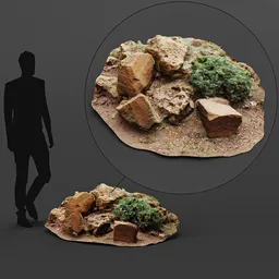 "Photoscanned Small Rock Garden for Blender 3D - featuring mossy ground, volcanic textures, and realistic rocks. Perfect for adding natural elements to your 3D environment scenes."