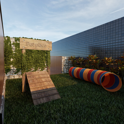 Realistic 3D model of a pet-friendly urban space with agility ramp and tunnel, Blender-rendered.