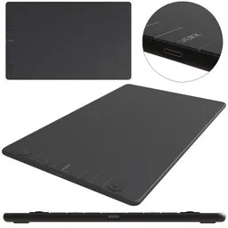 Highly detailed black 3D model of a digital drawing tablet and stylus for Blender 3D artists.