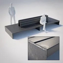 Detailed 3D model of a large scratched plastic and metal outdoor public bench with imperfections for Blender renderings.
