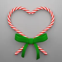 High-quality 3D rendered candy canes in heart shape with green bow, ideal for festive decor, compatible with Blender.