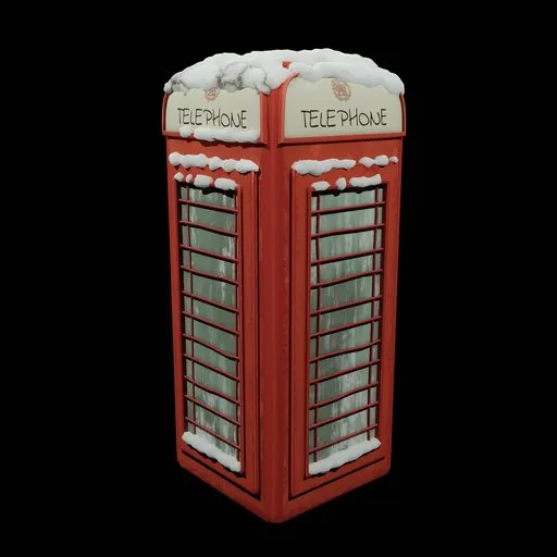 Stylized 3D model of an icy red phone booth with snow accents, compatible with Blender.