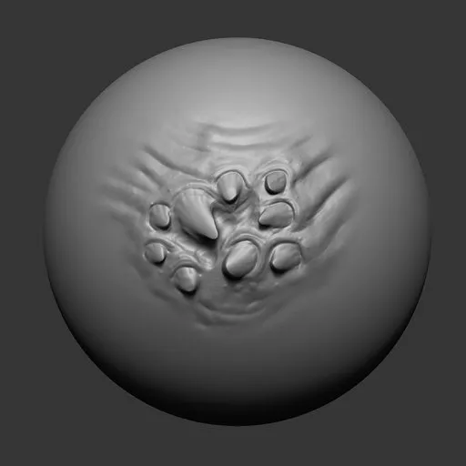 3D sculpting brush imprint showing detailed flesh spikes for modeling undead creatures in Blender 3D.