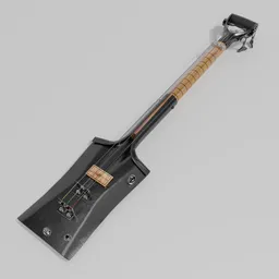 "3D model of Justin Johnson 3-String Shovel Guitar in Blender 3D with wooden handle on white surface, inspired by steampunk and Aladár Körösfői-Kriesch. Stay true to original with reference pictures and youtube demo. Join the fun with this male bard's fluid bag inspired instrument from BlenderKit's instruments category."