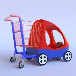 "Retail Shopping Carts for Children - 3D Model for Blender 3D: A close-up of a toy car with a shopping cart, designed by Sophie Taeuber-Arp. This cute and creative 3D model showcases a future fashion concept, combining elements of perception, value, and retail design. Perfect for kid-friendly projects and imaginative retail displays."