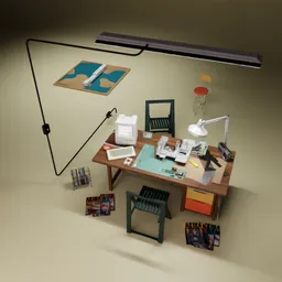 Retro-style 3D render of an architect's desk with analog items, chairs, and computer, created in Blender.