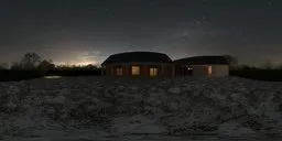 360-degree night HDR panorama with a house, starry sky, and snowy garden for scene lighting.