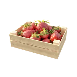 Detailed 3D rendering of a wooden crate filled with ripe strawberries, ideal for Blender 3D projects.
