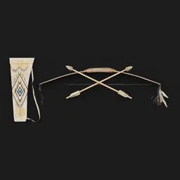 "Realistic Apache tribal bow, game-ready 3D model for Blender 3D with PBR workflow. Historical military asset pack featuring a bow and arrows on a black background, reminiscent of a museum catalog photograph. Perfect for recreating scenes from the era and adding authenticity to virtual environments."
