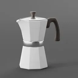"3D Blender model of a sleek white espresso Mokka pot with brown handle isolated on grey."