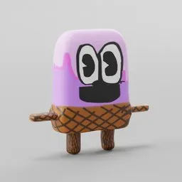 Cartoonish 3D model of a purple and brown ice cream character with big eyes, designed for animation in Blender.