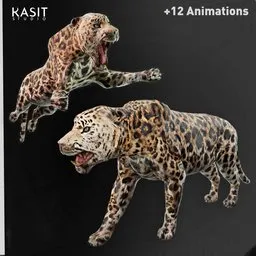 Detailed 3D leopard model with 12 animations, PBR textures, and optimized for Blender and game integration.