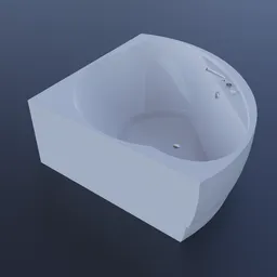 "Highly detailed Corner Acrylic Bathtub 3D model in Blender 3D software. The white bathtub with refined rounded forms, inspired by Ai Weiwei, is showcased against a blue background. Perfect for architectural and interior design projects."