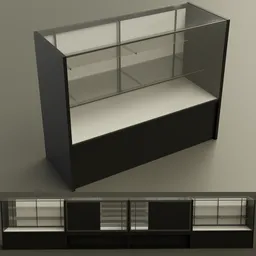 "Glass Front Display Case 3D model for Blender 3D - perfect for shopping and retail environments. Doors and shelves are movable with high transparency and realistic smudge effects. Ideal for creating dynamic 3D renders for storefronts and product displays."
