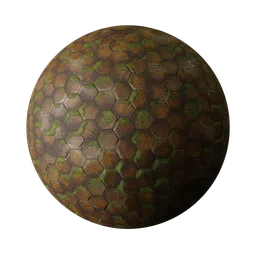 Realistic hexagonal wood tile PBR material with moss details suitable for Blender 3D and other 3D applications.
