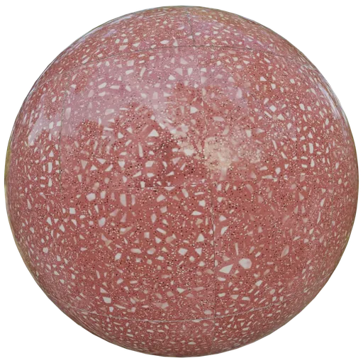 High-quality 2K red terrazzo seamless texture for 3D modeling and rendering, compatible with Blender and PBR workflows.